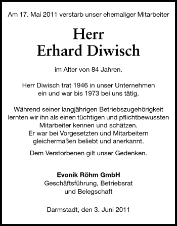 Traueranzeige von Erhard Diwisch von Echo-Zeitungen (Gesamtausgabe)