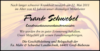 Traueranzeige von Frank Schwebel von Darmstädter Echo, Odenwälder Echo, Rüsselsheimer Echo, Groß-Gerauer-Echo, Ried Echo