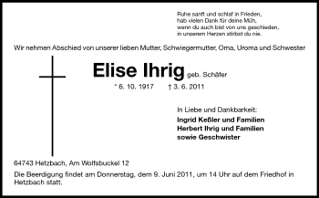 Traueranzeige von Elise Ihrig von Odenwälder Echo