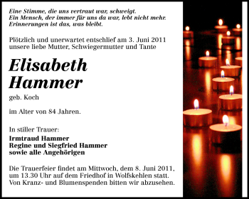 Traueranzeige von Elisabeth Hammer von Rüsselsheimer Echo, Groß-Gerauer-Echo, Ried Echo