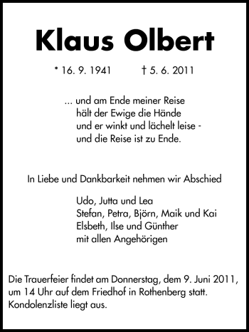 Traueranzeige von Klaus Olbert von Odenwälder Echo