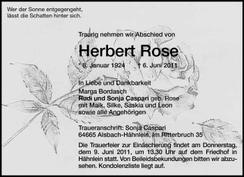 Traueranzeige von Herbert Rose von Echo-Zeitungen (Gesamtausgabe)