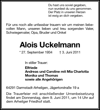 Traueranzeige von Alois Uckelmann von Darmstädter Echo, Odenwälder Echo, Rüsselsheimer Echo, Groß-Gerauer-Echo, Ried Echo