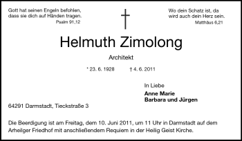 Traueranzeige von Helmuth Zimolong von Echo-Zeitungen (Gesamtausgabe)