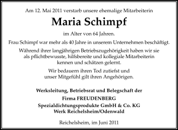 Traueranzeige von Maria Schimpf von Odenwälder Echo