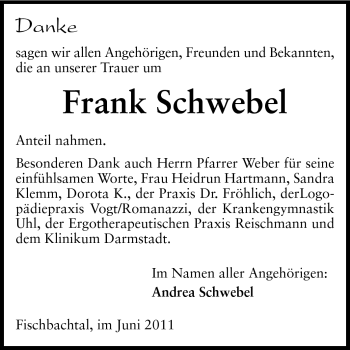 Traueranzeige von Frank Schwebel von Darmstädter Echo, Odenwälder Echo, Rüsselsheimer Echo, Groß-Gerauer-Echo, Ried Echo