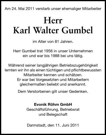 Traueranzeige von Karl Walter Gumbel von Echo-Zeitungen (Gesamtausgabe)