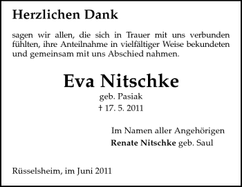 Traueranzeige von Eva Nitschke von Rüsselsheimer Echo, Groß-Gerauer-Echo, Ried Echo