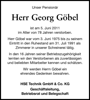 Traueranzeige von Georg Göbel von Echo-Zeitungen (Gesamtausgabe)