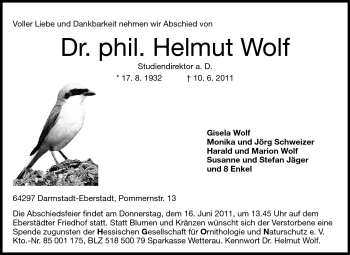 Traueranzeige von Helmut Dr. Wolf von Echo-Zeitungen (Gesamtausgabe)