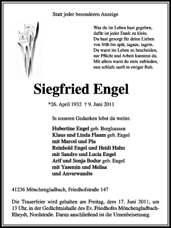 Traueranzeige von Siegfried Engel von Rüsselsheimer Echo, Groß-Gerauer-Echo, Ried Echo