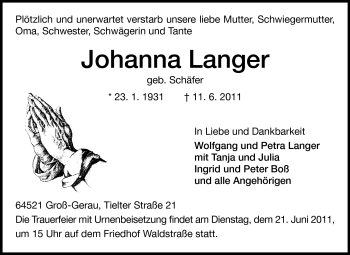Traueranzeige von Johanna Langer von Rüsselsheimer Echo, Groß-Gerauer-Echo, Ried Echo