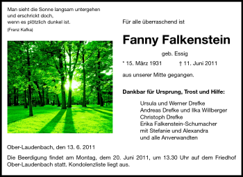 Traueranzeige von Fanny Falkenstein von Starkenburger Echo