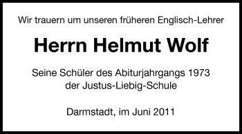 Traueranzeige von Helmut Dr. Wolf von Darmstädter Echo, Odenwälder Echo, Rüsselsheimer Echo, Groß-Gerauer-Echo, Ried Echo