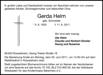 Traueranzeige von Gerda Helm von Rüsselsheimer Echo, Groß-Gerauer-Echo, Ried Echo