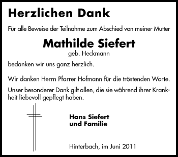 Traueranzeige von Mathilde Siefert von Odenwälder Echo