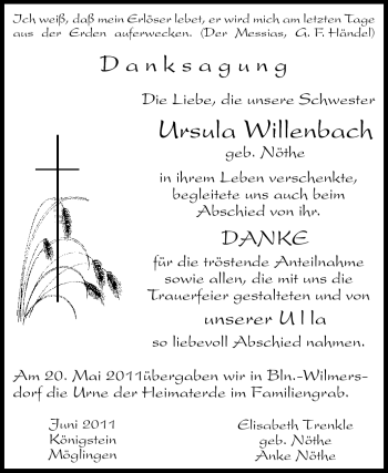 Traueranzeige von Ursula Willenbach von Odenwälder Echo