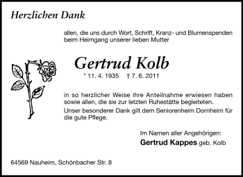 Traueranzeige von Gertrud Kolb von Rüsselsheimer Echo, Groß-Gerauer-Echo, Ried Echo