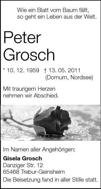 Traueranzeige von Peter Grosch von Rüsselsheimer Echo, Groß-Gerauer-Echo, Ried Echo