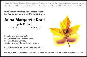Traueranzeige von Anna Margarete Kraft von Rüsselsheimer Echo, Groß-Gerauer-Echo, Ried Echo