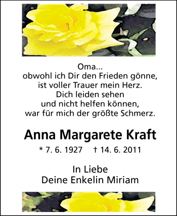 Traueranzeige von Anna Margarete Kraft von Rüsselsheimer Echo, Groß-Gerauer-Echo, Ried Echo