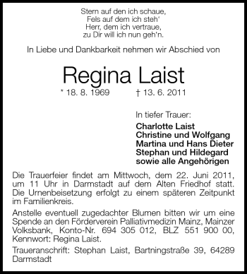 Traueranzeige von Regina Laist von Darmstädter Echo, Odenwälder Echo, Rüsselsheimer Echo, Groß-Gerauer-Echo, Ried Echo