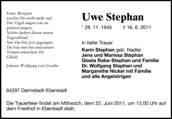 Traueranzeige von Uwe Stephan von Echo-Zeitungen (Gesamtausgabe)
