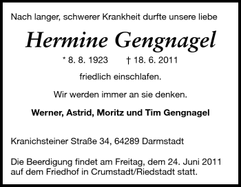 Traueranzeige von Hermine Gengnagel von Darmstädter Echo, Odenwälder Echo, Rüsselsheimer Echo, Groß-Gerauer-Echo, Ried Echo