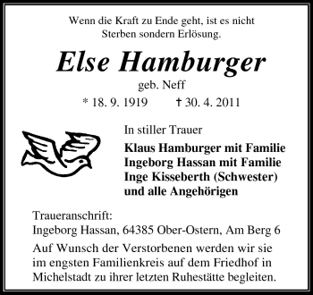 Traueranzeige von Else Hamburger von Odenwälder Echo