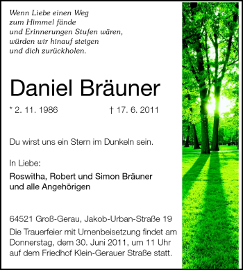 Traueranzeige von Daniel Bräuner von Rüsselsheimer Echo, Groß-Gerauer-Echo, Ried Echo