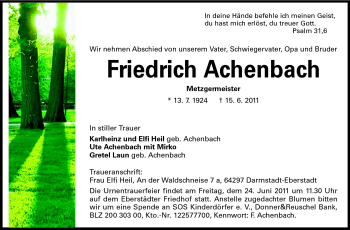 Traueranzeige von Friedrich Achenbach von Echo-Zeitungen (Gesamtausgabe)