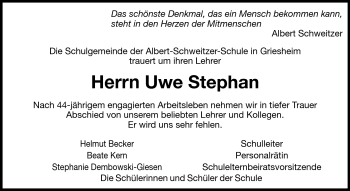 Traueranzeige von Uwe Stephan von Echo-Zeitungen (Gesamtausgabe)