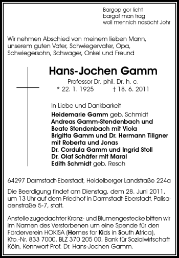 Traueranzeige von Hans-Joachim Gamm von Echo-Zeitungen (Gesamtausgabe)