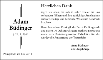 Traueranzeige von Adam Büdinger von Echo-Zeitungen (Gesamtausgabe)