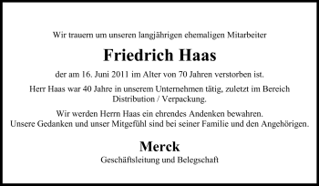 Traueranzeige von Friedrich Haas von Echo-Zeitungen (Gesamtausgabe)