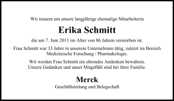 Traueranzeige von Erika Schmitt von Echo-Zeitungen (Gesamtausgabe)