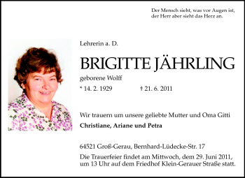 Traueranzeige von Brigitte Jährling von Rüsselsheimer Echo, Groß-Gerauer-Echo, Ried Echo