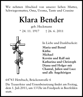 Traueranzeige von Klara Bender von Odenwälder Echo