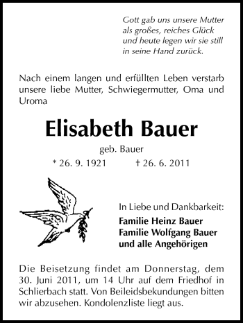 Traueranzeige von Elisabeth Bauer von Starkenburger Echo