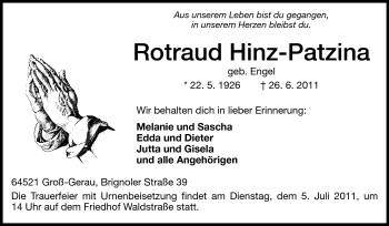 Traueranzeige von Rotraud Hinz-Patzina von Rüsselsheimer Echo, Groß-Gerauer-Echo, Ried Echo