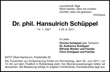 Traueranzeige von Hansulrich Schüppel von Odenwälder Echo