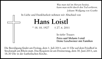 Traueranzeige von Hans Loistl von Rüsselsheimer Echo, Groß-Gerauer-Echo, Ried Echo