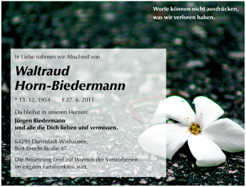 Traueranzeige von Waltraud Horn-Biedermann von Echo-Zeitungen (Gesamtausgabe)
