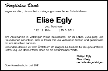Traueranzeige von Elise Egly von Odenwälder Echo
