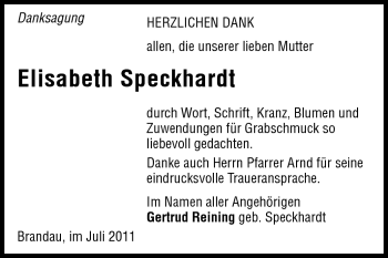 Traueranzeige von Elisabeth Speckhardt von Darmstädter Echo, Odenwälder Echo, Rüsselsheimer Echo, Groß-Gerauer-Echo, Ried Echo