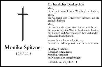 Traueranzeige von Monika Spitzner von Rüsselsheimer Echo, Groß-Gerauer-Echo, Ried Echo