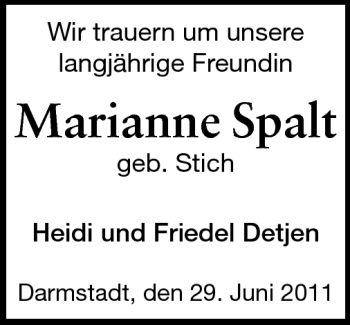 Traueranzeige von Marianne Spalt von Darmstädter Echo, Odenwälder Echo, Rüsselsheimer Echo, Groß-Gerauer-Echo, Ried Echo