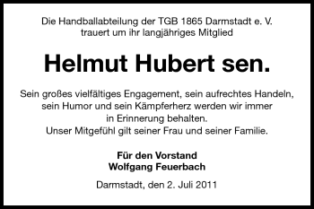 Traueranzeige von Helmut Hubert von Echo-Zeitungen (Gesamtausgabe)