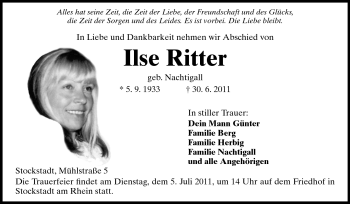 Traueranzeige von Ilse Ritter von Rüsselsheimer Echo, Groß-Gerauer-Echo, Ried Echo