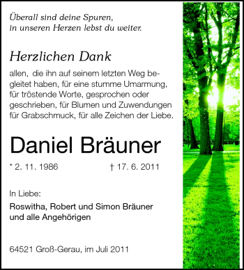 Traueranzeige von Daniel Bräuner von Rüsselsheimer Echo, Groß-Gerauer-Echo, Ried Echo